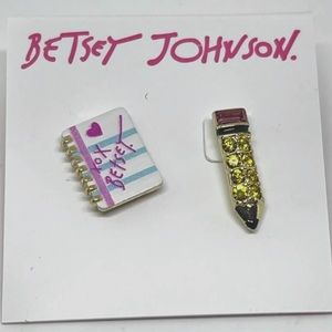 Betsey Johnson Back to Cool Notebook Pencil Mismatch Stud Earrings